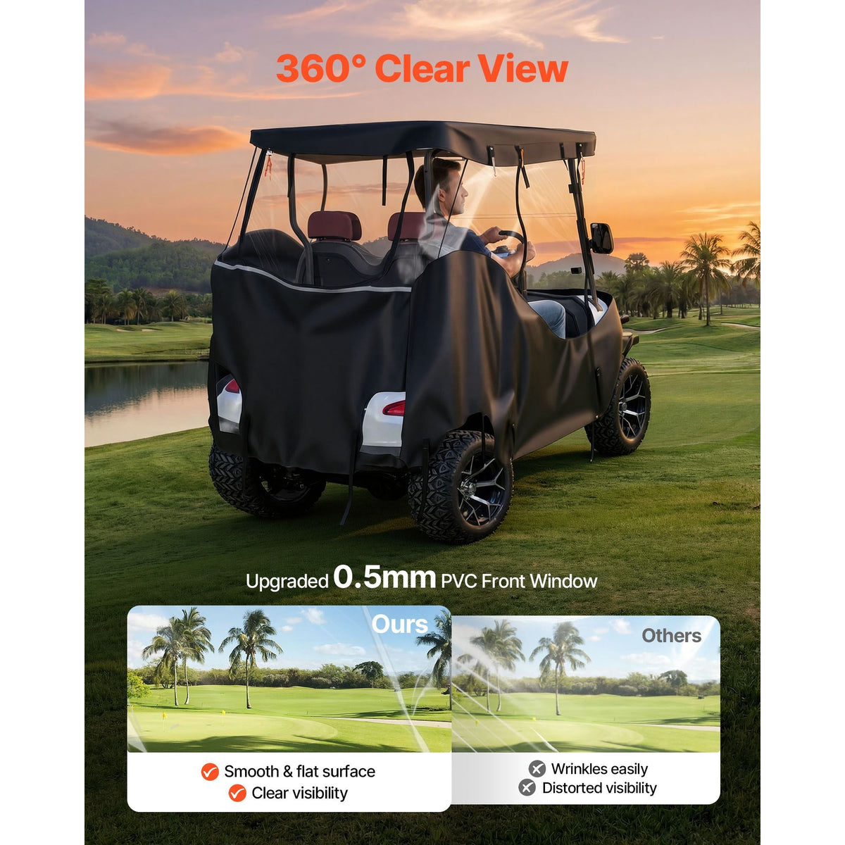Golf Cart Cover, Visible Full-Enclosure 2&2+2 Passenger Golf Cart, 420D Waterproof Oxford Fabric Club Car Cover Fits Most Carts Club Car, Yamaha, EZGO, Honda, PVC Coating & Windproof Hook Design