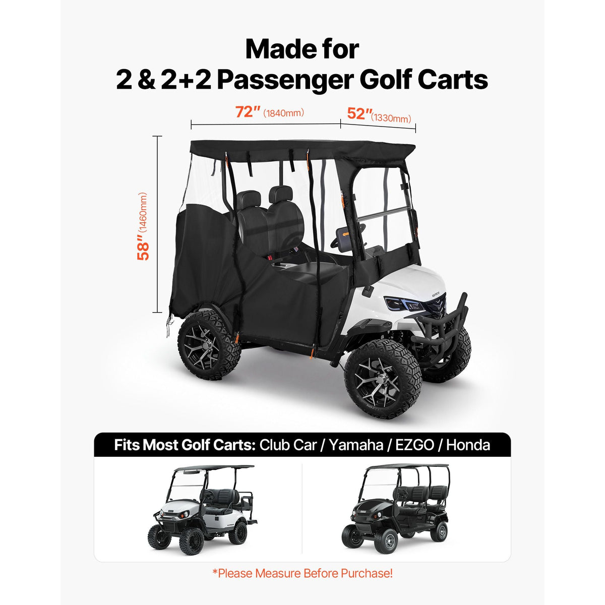 Golf Cart Cover, Visible Full-Enclosure 2&2+2 Passenger Golf Cart, 600D Waterproof Oxford Fabric Club Car Cover Fits Most Carts Club Car, Yamaha, EZGO, Honda, PVC Coating & Windproof Hook Design