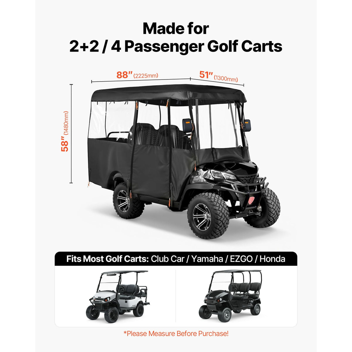 Golf Cart Cover, Visible Full-Enclosure 2+2/4 Passenger Golf Cart, 420D Waterproof Oxford Fabric Club Car Cover Fits Most Carts Club Car, Yamaha, EZGO, Honda, PVC Coating & Windproof Hook Design