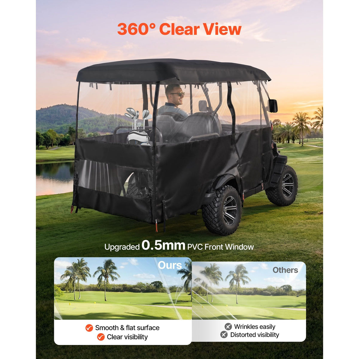 Golf Cart Cover, Visible Full-Enclosure 2+2/4 Passenger Golf Cart, 420D Waterproof Oxford Fabric Club Car Cover Fits Most Carts Club Car, Yamaha, EZGO, Honda, PVC Coating & Windproof Hook Design