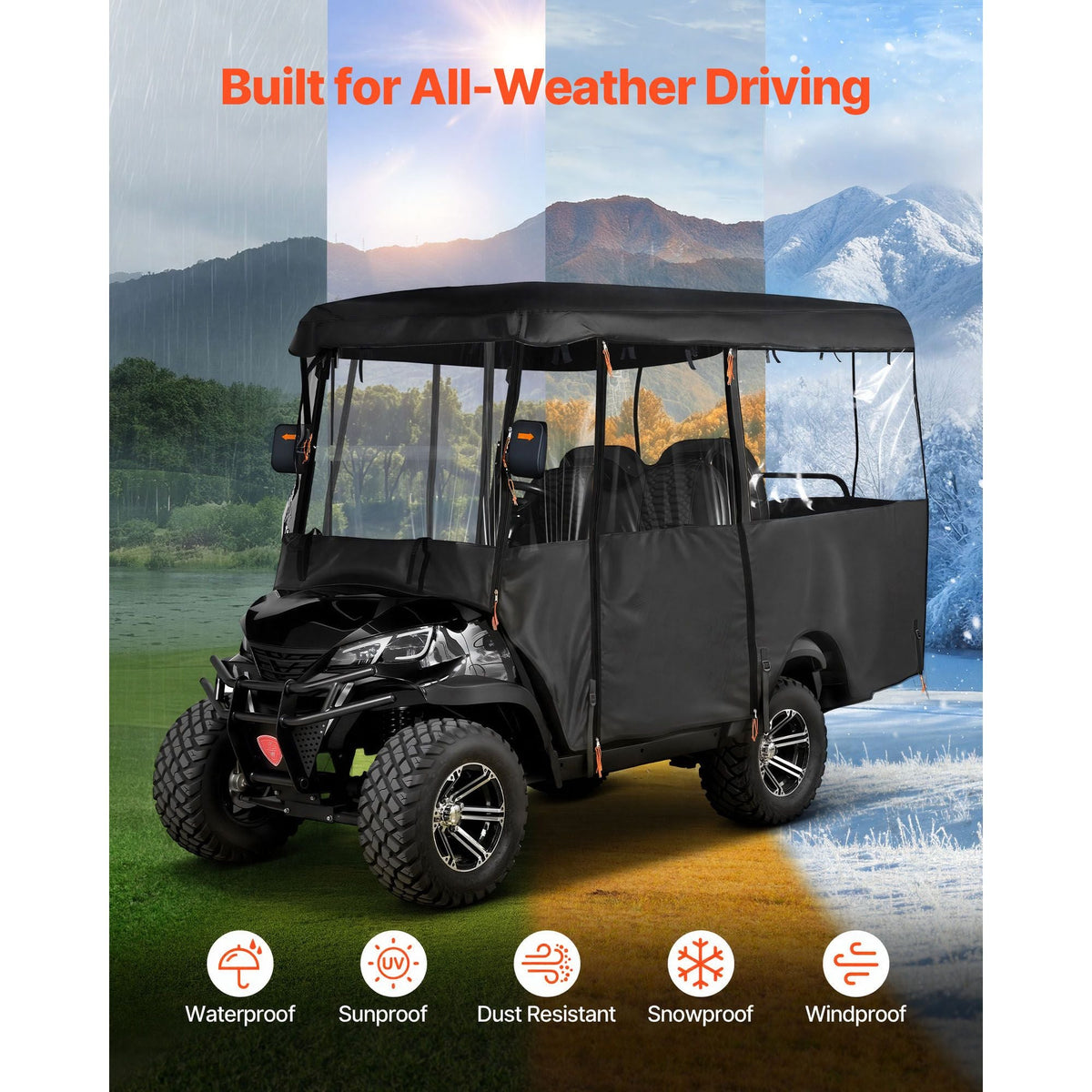 Golf Cart Cover, Visible Full-Enclosure 2+2/4 Passenger Golf Cart, 420D Waterproof Oxford Fabric Club Car Cover Fits Most Carts Club Car, Yamaha, EZGO, Honda, PVC Coating & Windproof Hook Design