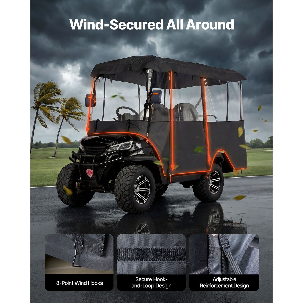Golf Cart Cover, Visible Full-Enclosure 2+2/4 Passenger Golf Cart, 600D Waterproof Oxford Fabric Club Car Cover Fits Most Carts Club Car, Yamaha, EZGO, Honda, PVC Coating & Windproof Hook Design