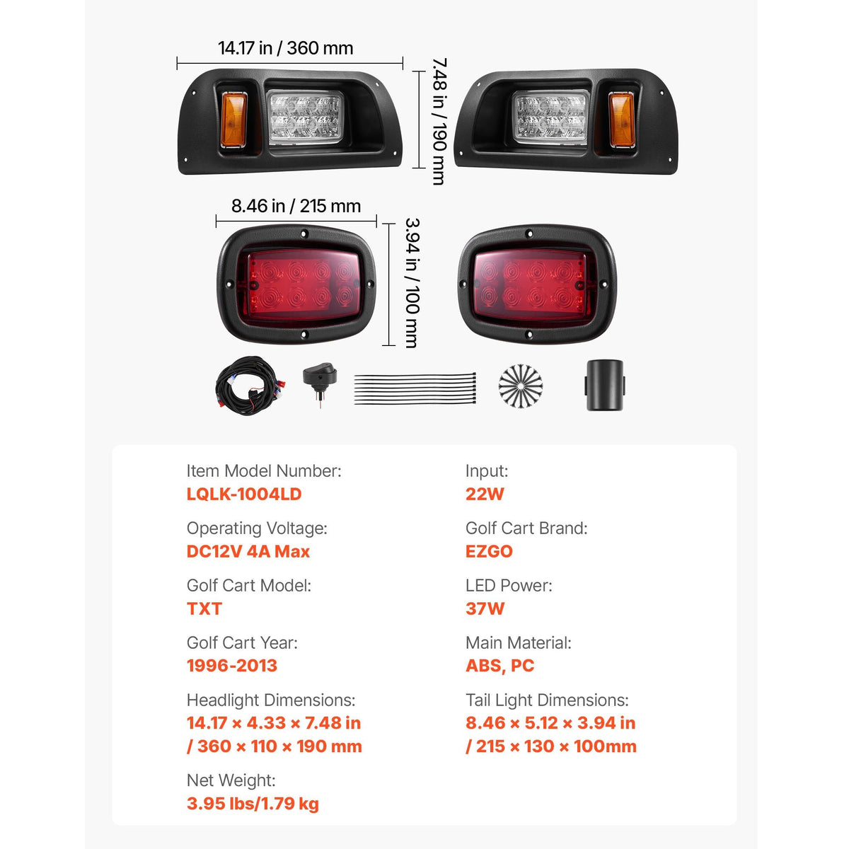 Golf Cart Light Kit, 12 Volt, LED Headlight and Tail Light Kit with Wiring Harness, Switch, Zip Ties, ABS Housing, High-Brightness, Waterproof and Dustproof, Fit for EZGO TXT 1996-2013 Models