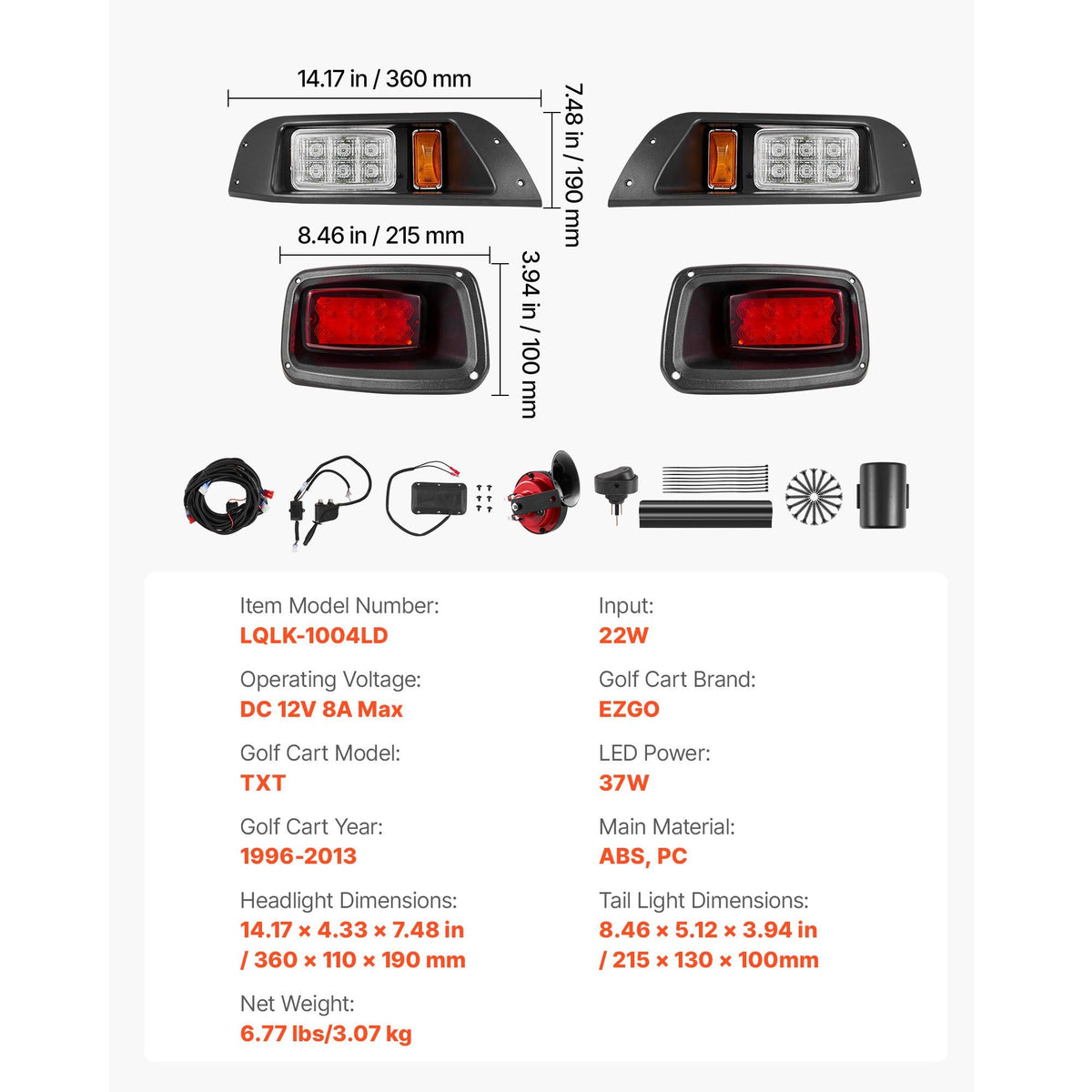 Golf Cart Light Kit, 12 Volt, Street Legal LED Headlight and Tail Light Kit with Wiring Harness, Turn Signals, Hazard Light, Switch Horn, Brake Pad, Zip Ties, ABS Housing, for EZGO TXT 1996-2013