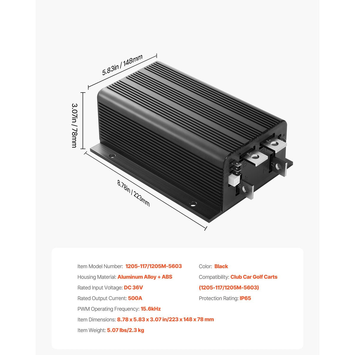 Golf Cart Speed Controller, 36V & 500A, DC Motor Controller Replacement for Club Car Golf Carts, IP65 Rated Protection, Aluminum Alloy & ABS Housing, Compatible with 1205-117/1205M-5603 Models
