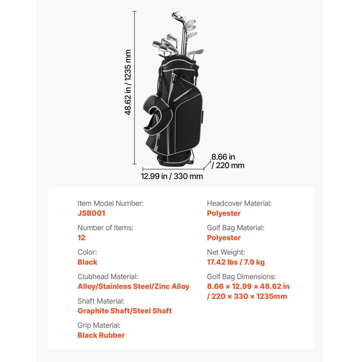 Golf Club Set, 12 Pieces Men's Complete Golf Club Set Right Handed with 460CC #1 Driver, #3 & 5 Fairway Wood, #4 Hybrid, #5/#6/#7/#8/#9/#PW/#SW Irons, L-Shaped Putter, Golf Stand Bag, Black