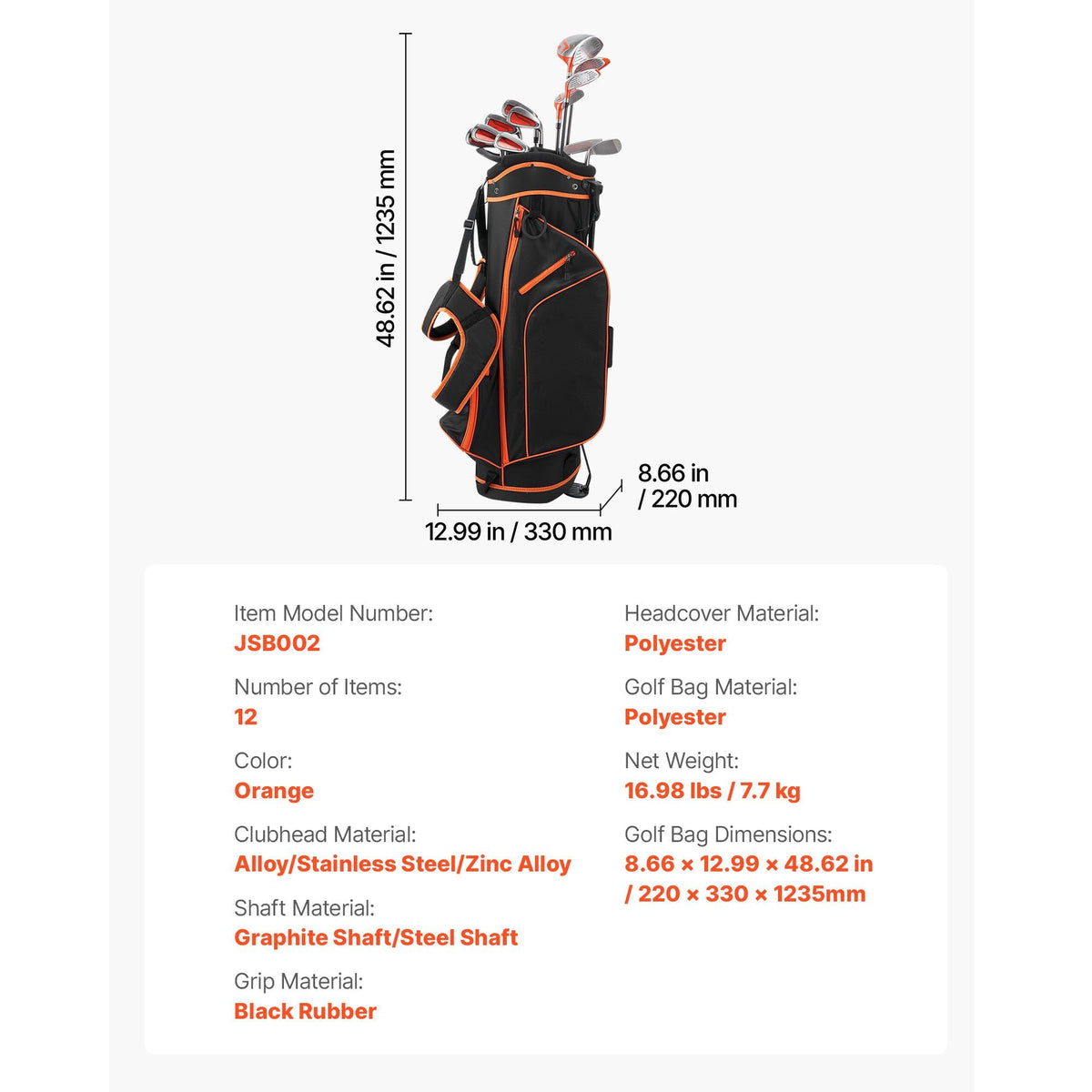 Golf Club Set, 12 Pieces Women's Golf Club Complete Set Right Handed with 460CC #1 Driver, #3 & 5 Fairway Wood, #4 Hybrid, #5/#6/#7/#8/#9/#PW/#SW Irons, L-Shaped Putter, Golf Stand Bag, Orange