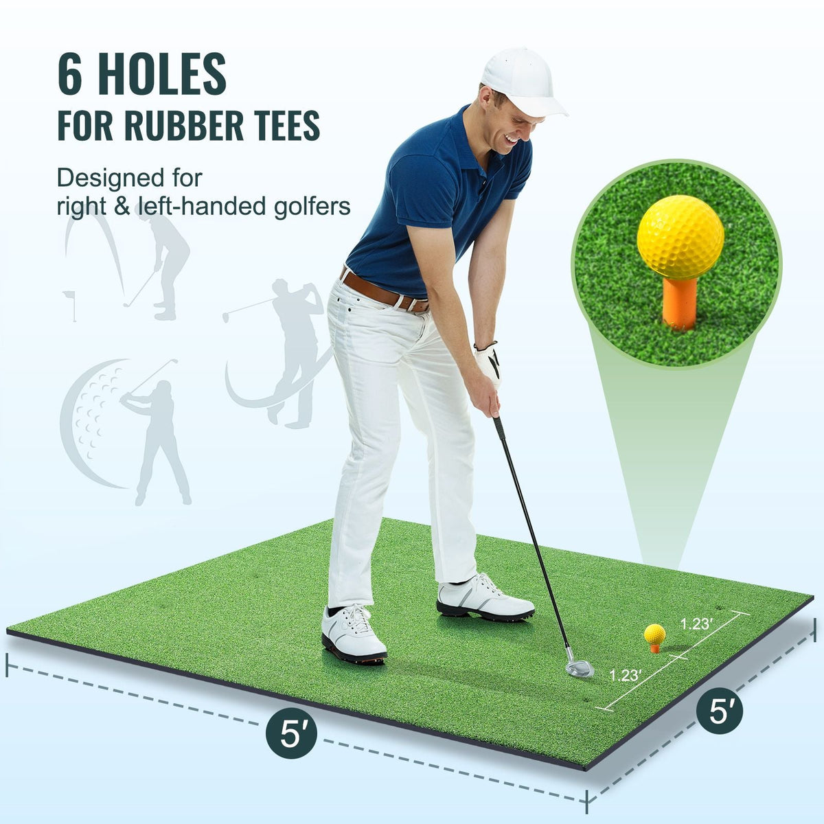 Golf Hitting Mat, 5x5ft Artificial Turf Golf Hitting Mat, Thickened Golf Hitting Training Aids with 3 Rubber Tees, Golf Practice Hitting Mat for Backyard Driving Indoor Outdoor Training