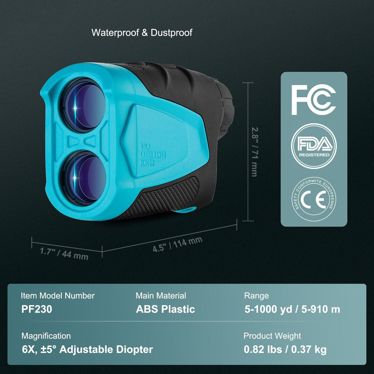 Golf Rangefinder, 1000 Yards Laser Golfing Hunting Range Finder, 6X Magnification Distance Measuring, Golfing Accessory with External Magnet Mount, High-Precision Flag Lock, Slope, and Batteries