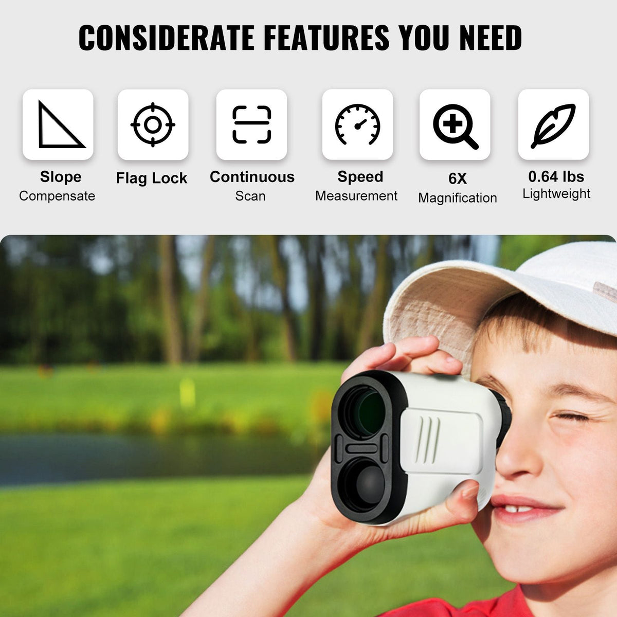Golf Rangefinder, 650 Yards Laser Golfing Hunting Range Finder, 6X Magnification Distance Measuring, Golfing Accessory with High-Precision Flag Lock, Slope Switch, Continuous Scan, and Batteries
