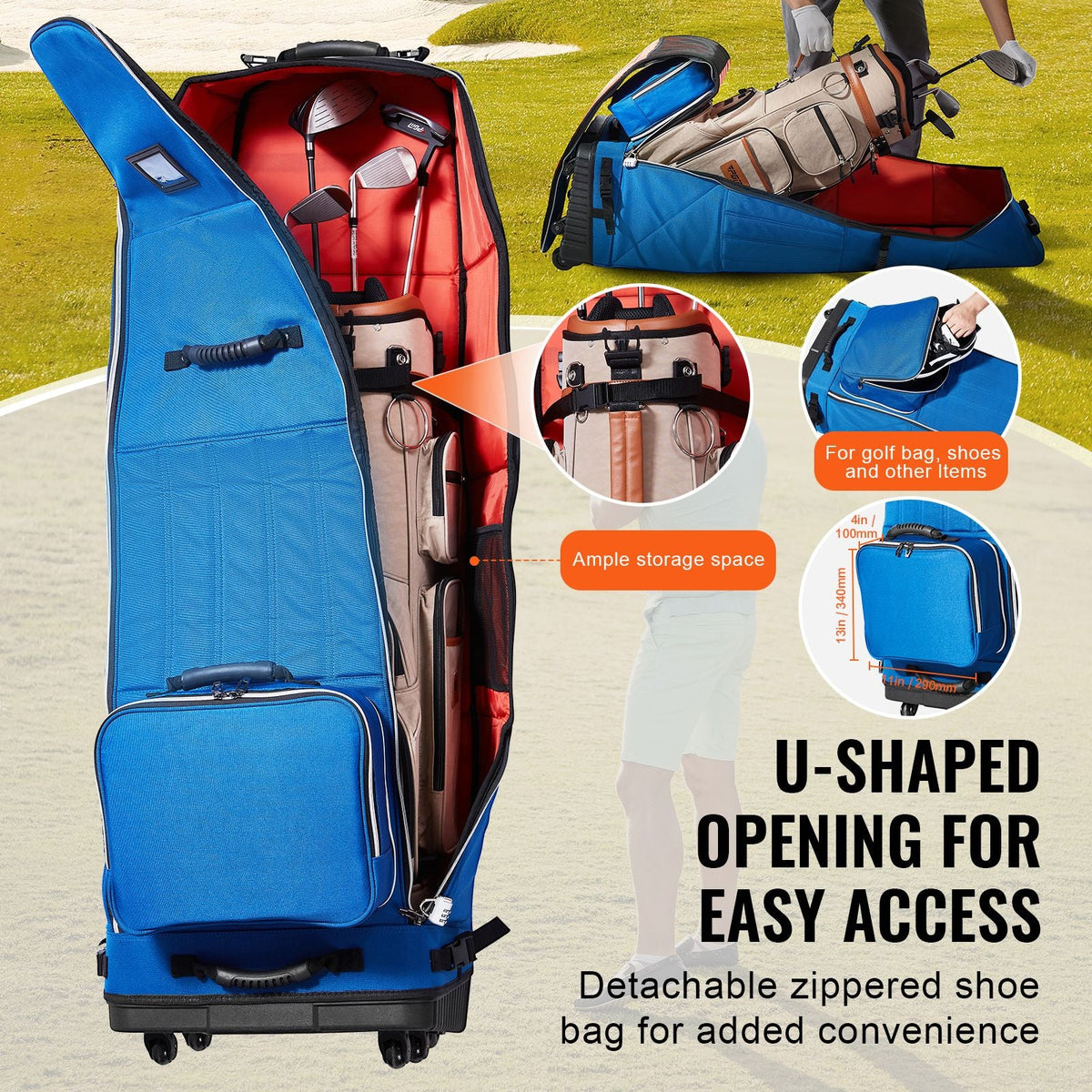 Golf Travel Bag, Outdoors Soft-Sided Golf Travel Cover, Heavy Duty 1200D Polyester Oxford Wear-Resistant Waterproof, Padded Luggage Case with Wheels, Foldable Golf Club Storage Bag for Airline