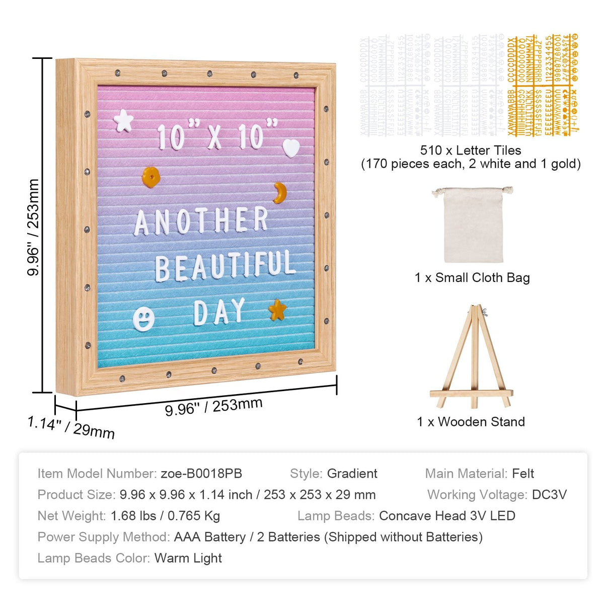 Gradient Felt Letter Board, 10"x10" Felt Message Board, Changeable Sign Boards with 510 Letters, Stand, and Built-in LED Lights, Baby Announcement Sign for Home Classroom Office Decor Wedding