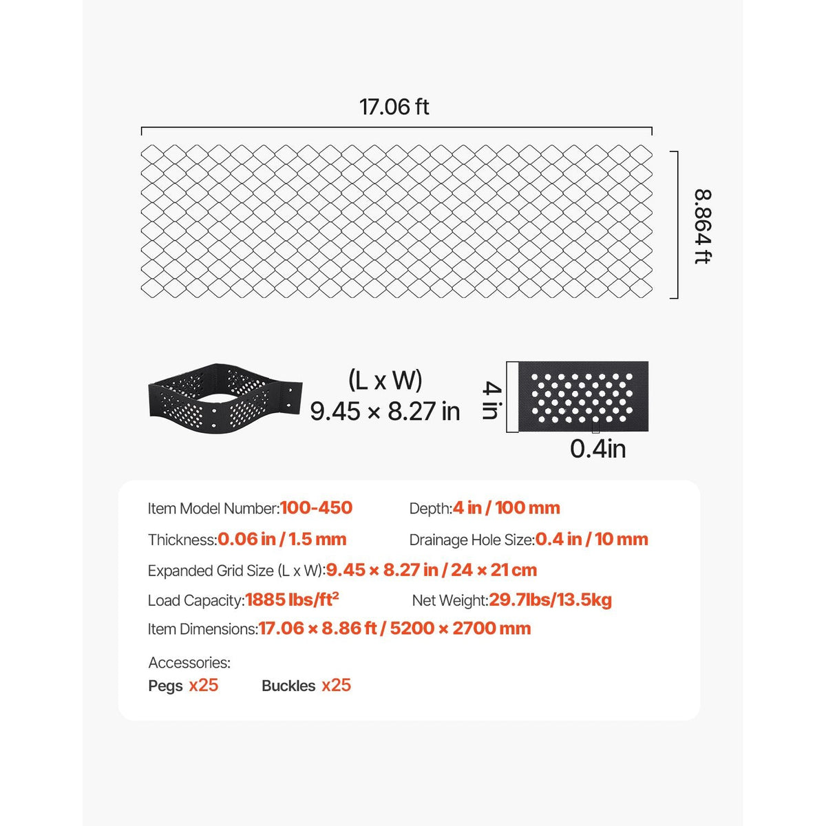 Gravel Grid, 4 Inch Depth, 17.06 x 8.86 FT / 5200 x 2700 mm, 1880 LBS Per Sq ft Grass Ground Retainer, Permeable Geo Grids Driveway Stabilization, for Garden, Patio, Walkway, RV Parking Slopes