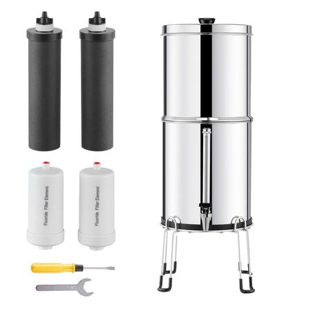 Gravity-fed Water Filter System, 2.25G 304 Stainless-Steel Countertop Filtration System, Reduces Lead and up to 99% of Chlorine, with 2 Activated Carbon Filter, 2 Defluorination Filter, Spigot