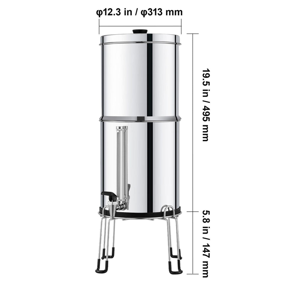 Gravity-fed Water Filter System, 2.25G 304 Stainless-Steel Countertop Filtration System, Reduces Lead and up to 99% of Chlorine, with 2 Activated Carbon Filter, 2 Defluorination Filter, Spigot