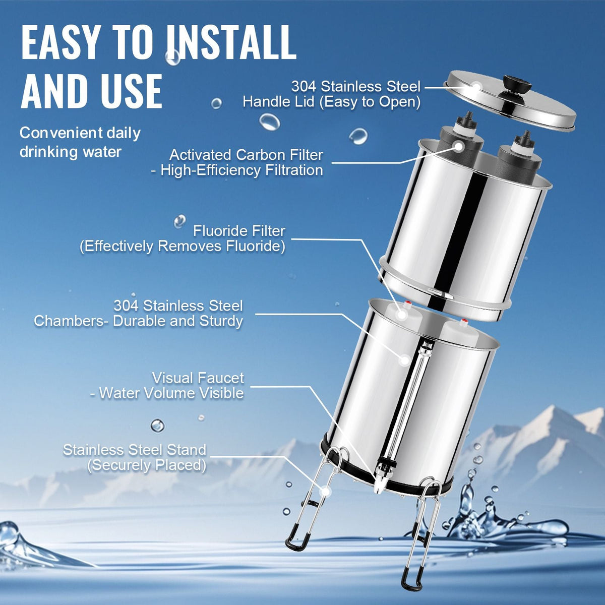 Gravity-fed Water Filter System, 2.25G 304 Stainless-Steel Countertop Filtration System, Reduces Lead and up to 99% of Chlorine, with 2 Activated Carbon Filter, 2 Defluorination Filter, Spigot