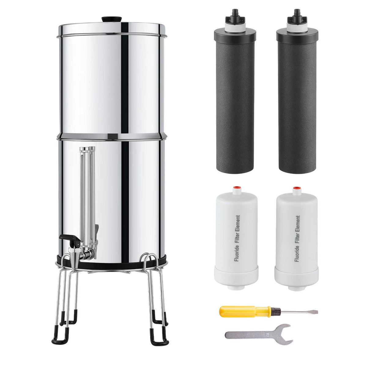 Gravity-fed Water Filter System, 2.25G 304 Stainless-Steel Countertop Filtration System, Reduces Lead and up to 99% of Chlorine, with 2 Activated Carbon Filter, 2 Defluorination Filter, Spigot