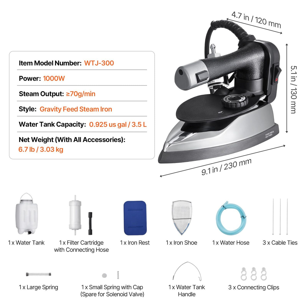 Gravity Feed Steam Iron, 1000W Gravity Feed Iron with 3.5 L Large Capacity Tank, Demineralizer Cartridges, Non-Stick Ironing Shoe, 5 Temperature Settings Industrial Electric Steam Iron Set