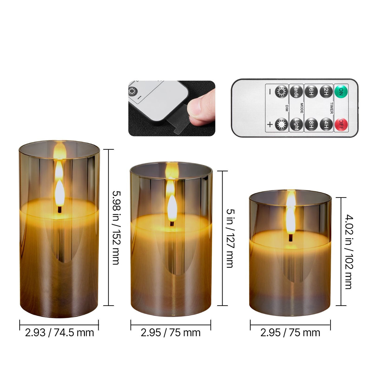 Gray Flickering Flameless Candles, Set of 3 Battery Operated Flameless Led Candles with 10-Key Remote and Timer, Real Wax & Warm Color Flickering Light for Festival Wedding Home Party Decor