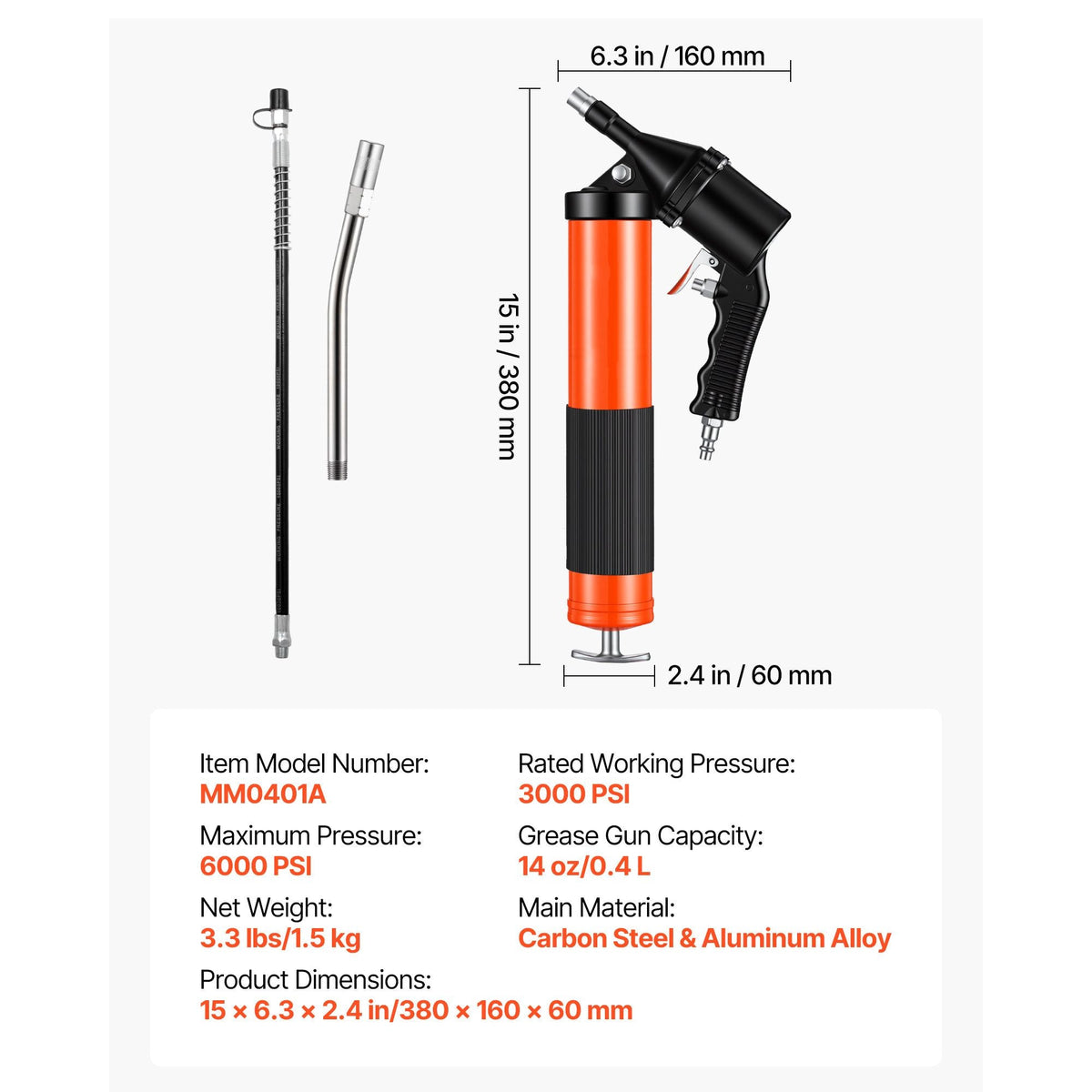 Grease Gun, Continuous Cycle Heavy Duty 6000 PSI High Pressure, Pistol Grip Grease Gun Kit with 14 oz Capacity, Includes 18-Inch Flex Hose, 1 Extension Rigid Pipe, 2 Flat Nozzles for Automotive