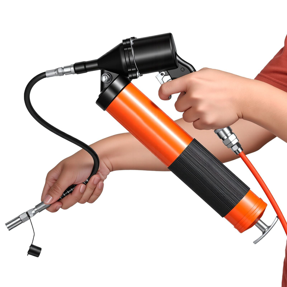 Grease Gun, Continuous Cycle Heavy Duty 6000 PSI High Pressure, Pistol Grip Grease Gun Kit with 14 oz Capacity, Includes 18-Inch Flex Hose, 1 Extension Rigid Pipe, 2 Flat Nozzles for Automotive