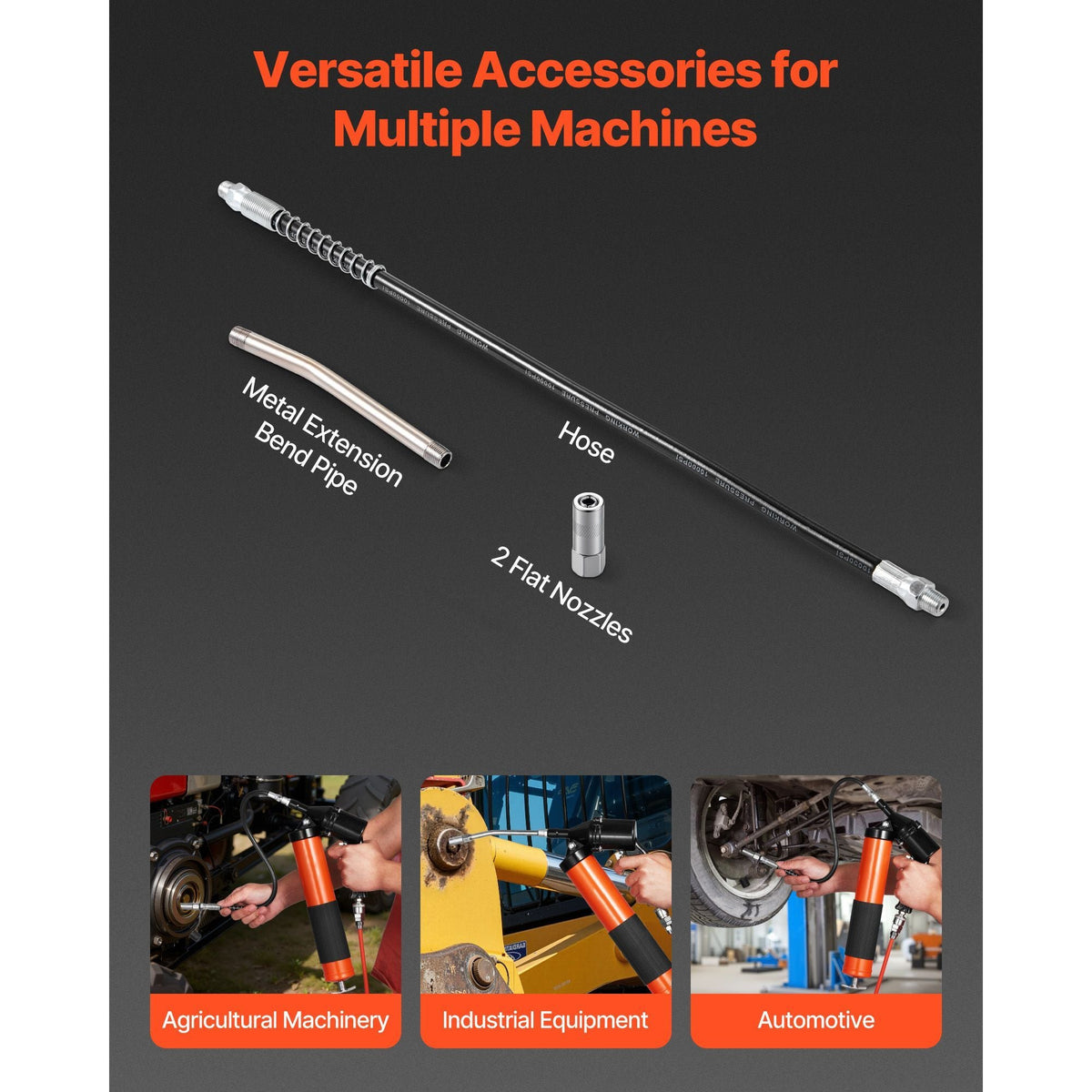 Grease Gun, Continuous Cycle Heavy Duty 6000 PSI High Pressure, Pistol Grip Grease Gun Kit with 14 oz Capacity, Includes 18-Inch Flex Hose, 1 Extension Rigid Pipe, 2 Flat Nozzles for Automotive