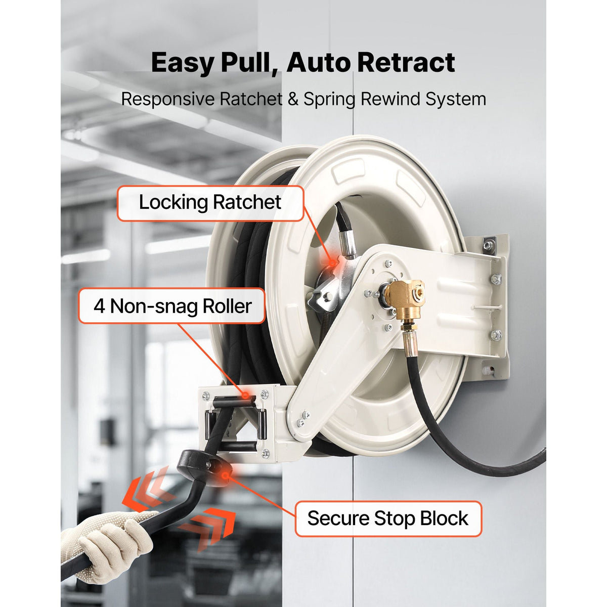 Grease Hose Reel, 1/4 in x 50 ft Retractable, Spring Driven Auto Swivel Rewind, Max 10152 PSI, Heavy-Duty Carbon Steel Construction with Steel Wire Braided Hose, for Lube, Grease, Hydraulic Oil