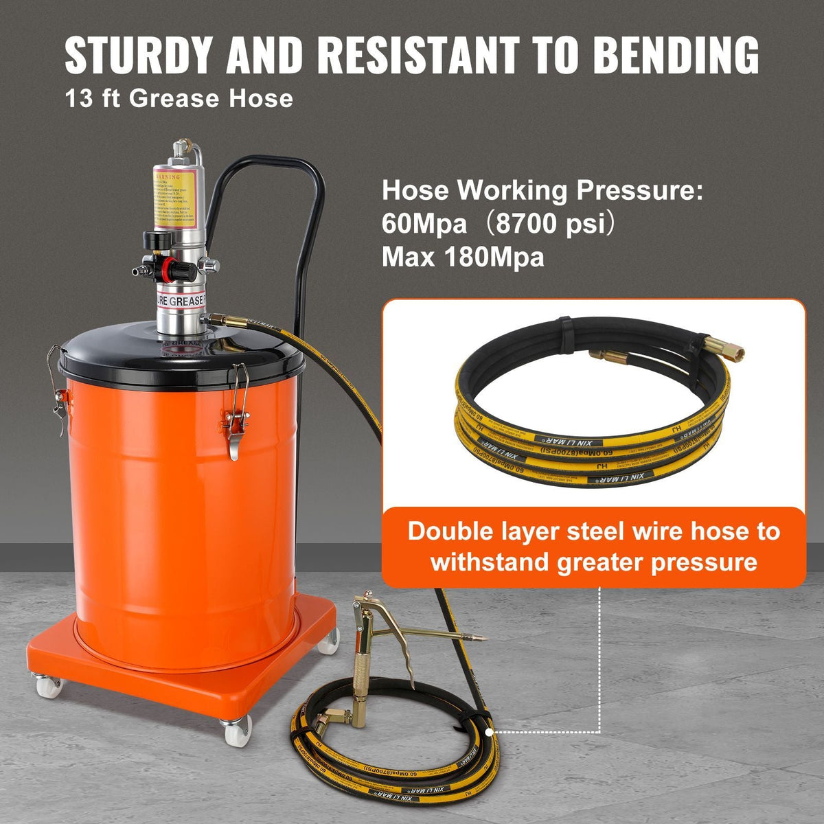 Grease Pump, 10.5 Gallon 40L Air Operated Grease Pump with 13 ft High Pressure Hose and Grease Gun, Pneumatic Grease Bucket Pump with Wheels, Portable Lubrication Grease Pump 50:1 Pressure Ratio