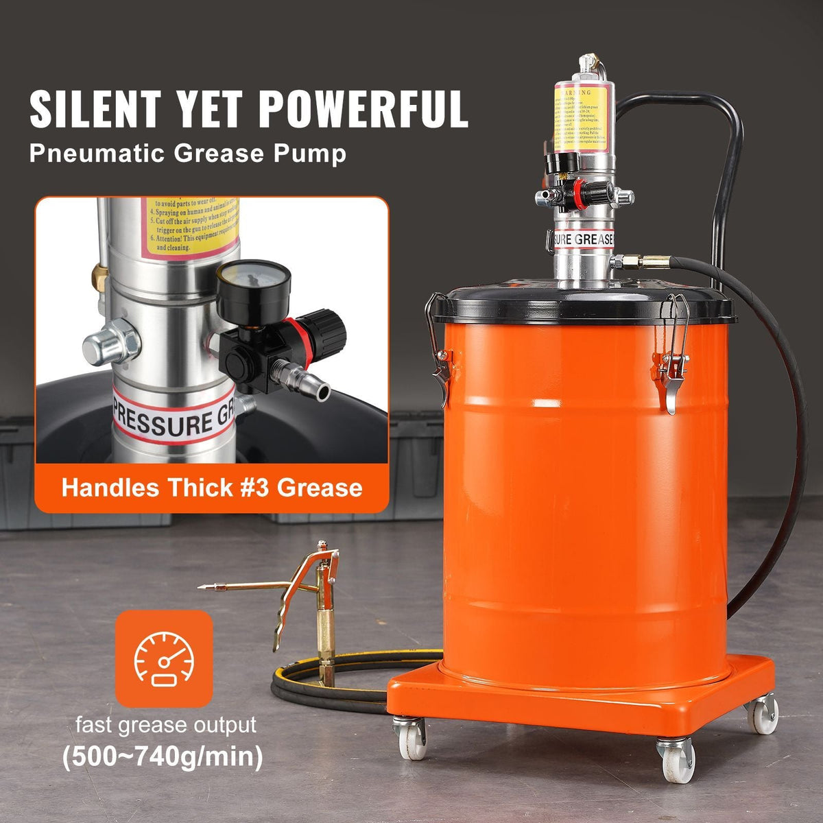 Grease Pump, 10.5 Gallon 40L Air Operated Grease Pump with 13 ft High Pressure Hose and Grease Gun, Pneumatic Grease Bucket Pump with Wheels, Portable Lubrication Grease Pump 50:1 Pressure Ratio