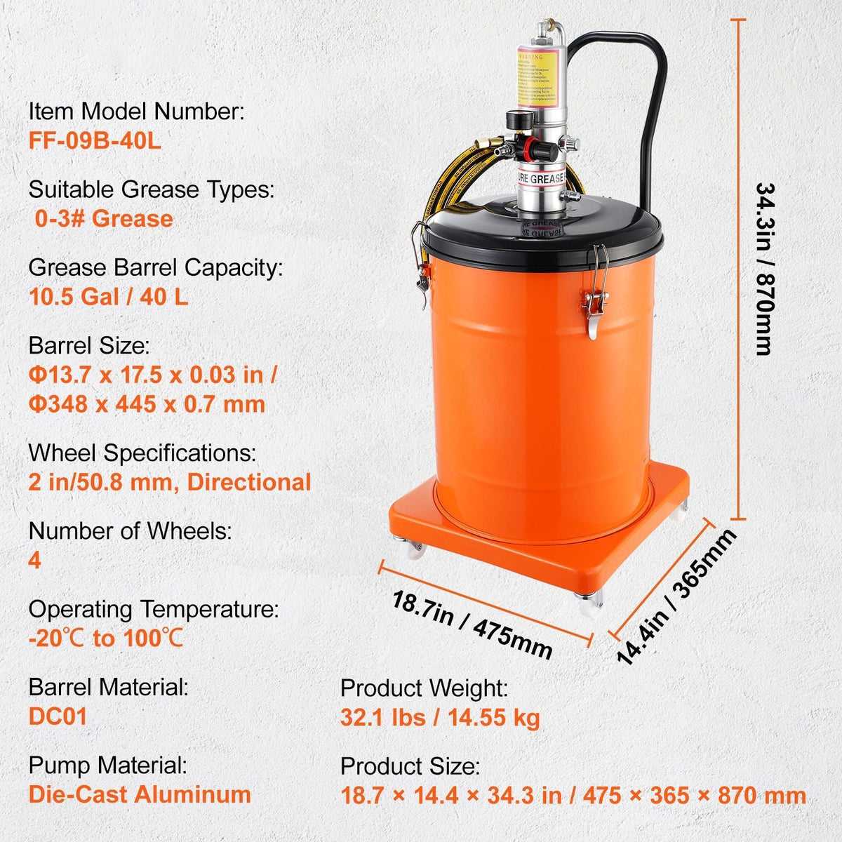 Grease Pump, 10.5 Gallon 40L Air Operated Grease Pump with 13 ft High Pressure Hose and Grease Gun, Pneumatic Grease Bucket Pump with Wheels, Portable Lubrication Grease Pump 50:1 Pressure Ratio