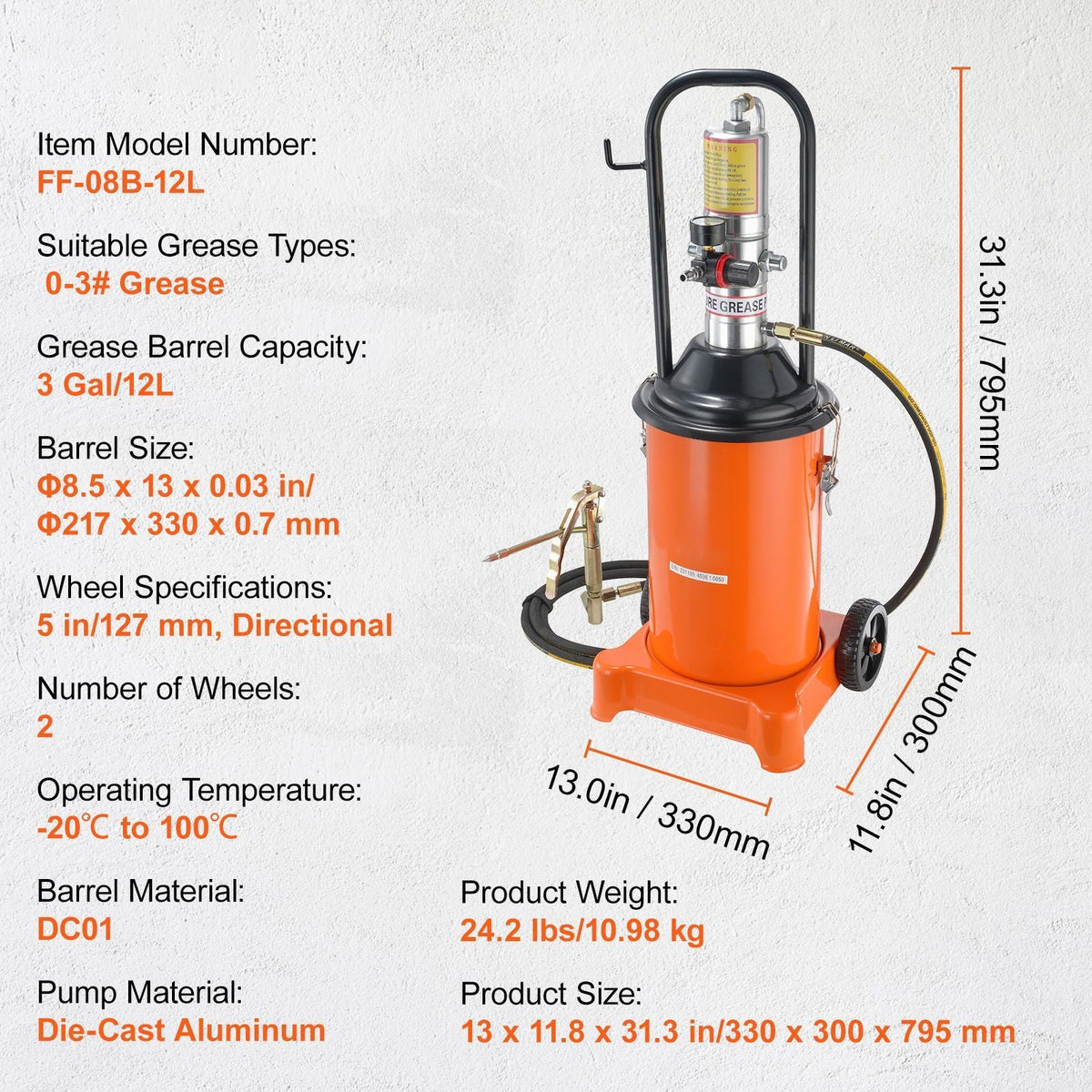 Grease Pump, 3 Gallon 12L, Air Operated Grease Pump with 13 ft High Pressure Hose and Grease Gun, Pneumatic Grease Bucket Pump with Wheels, Portable Lubrication Grease Pump 50:1 Pressure Ratio