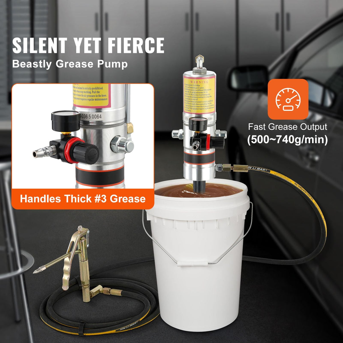 Grease Pump, 50:1 Pressure Ratio Air Operated Grease Pump with 13 ft High Pressure Hose and Grease Gun, Pneumatic Grease Pump, Portable Lubrication Grease Pump with 360° Swivel Grease Gun Head