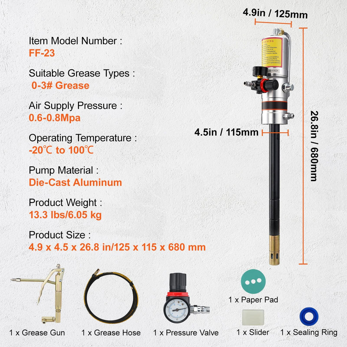 Grease Pump, 50:1 Pressure Ratio Air Operated Grease Pump with 13 ft High Pressure Hose and Grease Gun, Pneumatic Grease Pump, Portable Lubrication Grease Pump with 360° Swivel Grease Gun Head