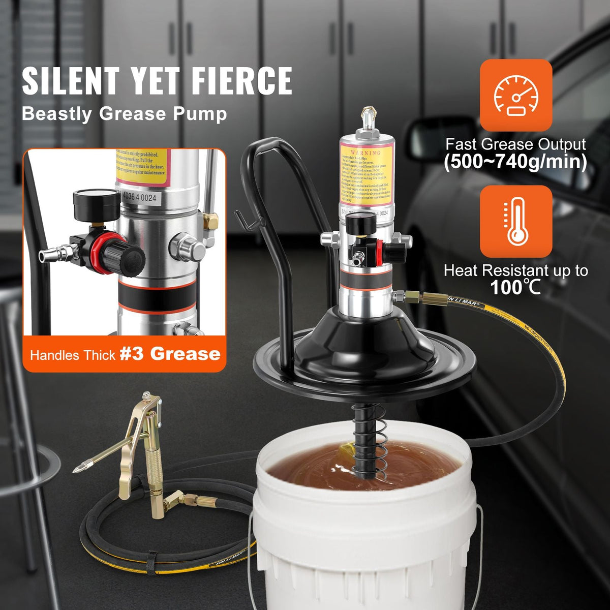 Grease Pump, 50:1 Pressure Ratio Air Operated Grease Pump with 13 ft High Pressure Hose and Grease Gun, Pneumatic Grease Pump with Barrel Cap, Portable Lubrication Grease Pump 360° Gun Head