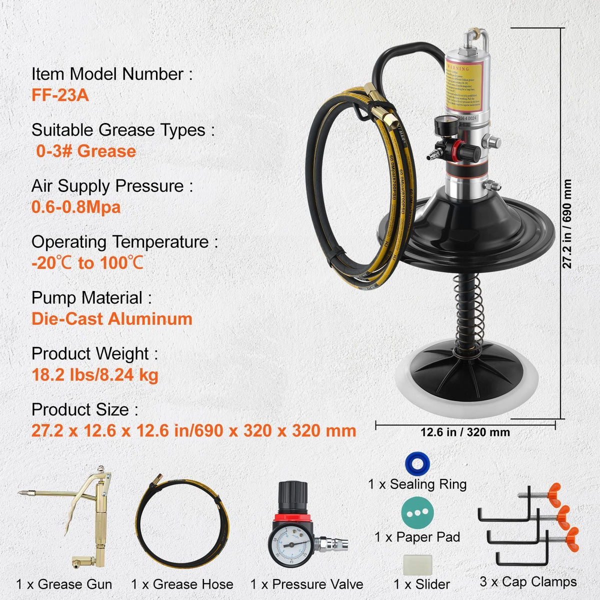 Grease Pump, 50:1 Pressure Ratio Air Operated Grease Pump with 13 ft High Pressure Hose and Grease Gun, Pneumatic Grease Pump with Barrel Cap, Portable Lubrication Grease Pump 360° Gun Head