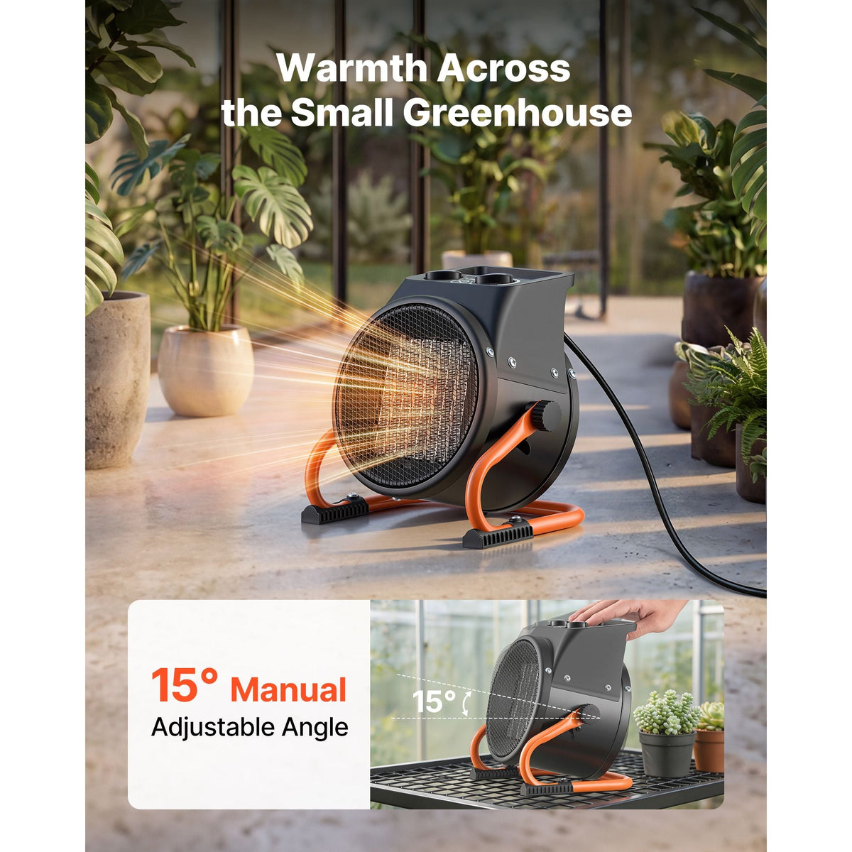 Greenhouse Heater, 1500W Electric PTC Space Heater with Fan, Low & High Heat Modes, 15° Adjustable Angle, Overheat Protection, Portable for Grow Tent, Small Greenhouse, Flower Room, Home Office