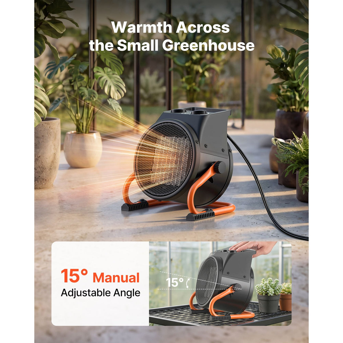 Greenhouse Heater, 1500W Electric PTC Space Heater with Thermostat, Fan, Low & High Heat Modes, 15° Adjustable Angle, Overheat Protection, for Grow Tent, Greenhouse, Flower Room, Home Office
