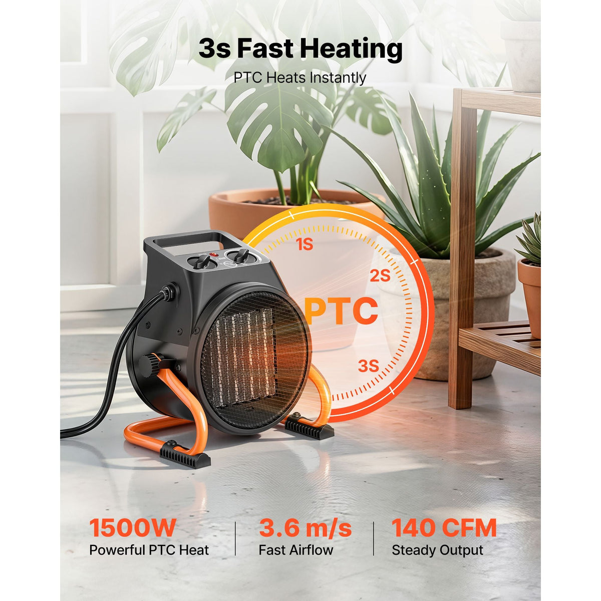 Greenhouse Heater, 1500W Electric PTC Space Heater with Thermostat, Fan, Low & High Heat Modes, 15° Adjustable Angle, Overheat Protection, for Grow Tent, Greenhouse, Flower Room, Home Office