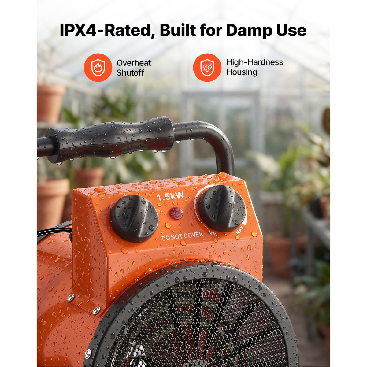 Greenhouse Heater, 1500W Electric Space Heater with Thermostat, Heating Tube Element, 25° Adjustable Angle, IPX4 & Overheat Protection, Great for Grow Tent, Greenhouse, Flower Room, Home Office