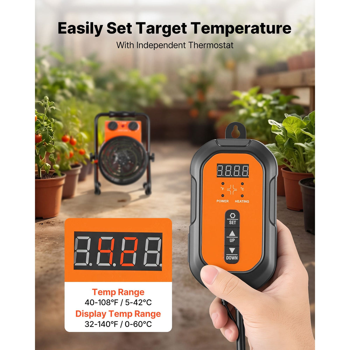 Greenhouse Heater, 1500W Electric Space Heater with Thermostat, Heating Tube Element, 25° Adjustable Angle, IPX4 & Overheat Protection, Great for Grow Tent, Greenhouse, Flower Room, Home Office