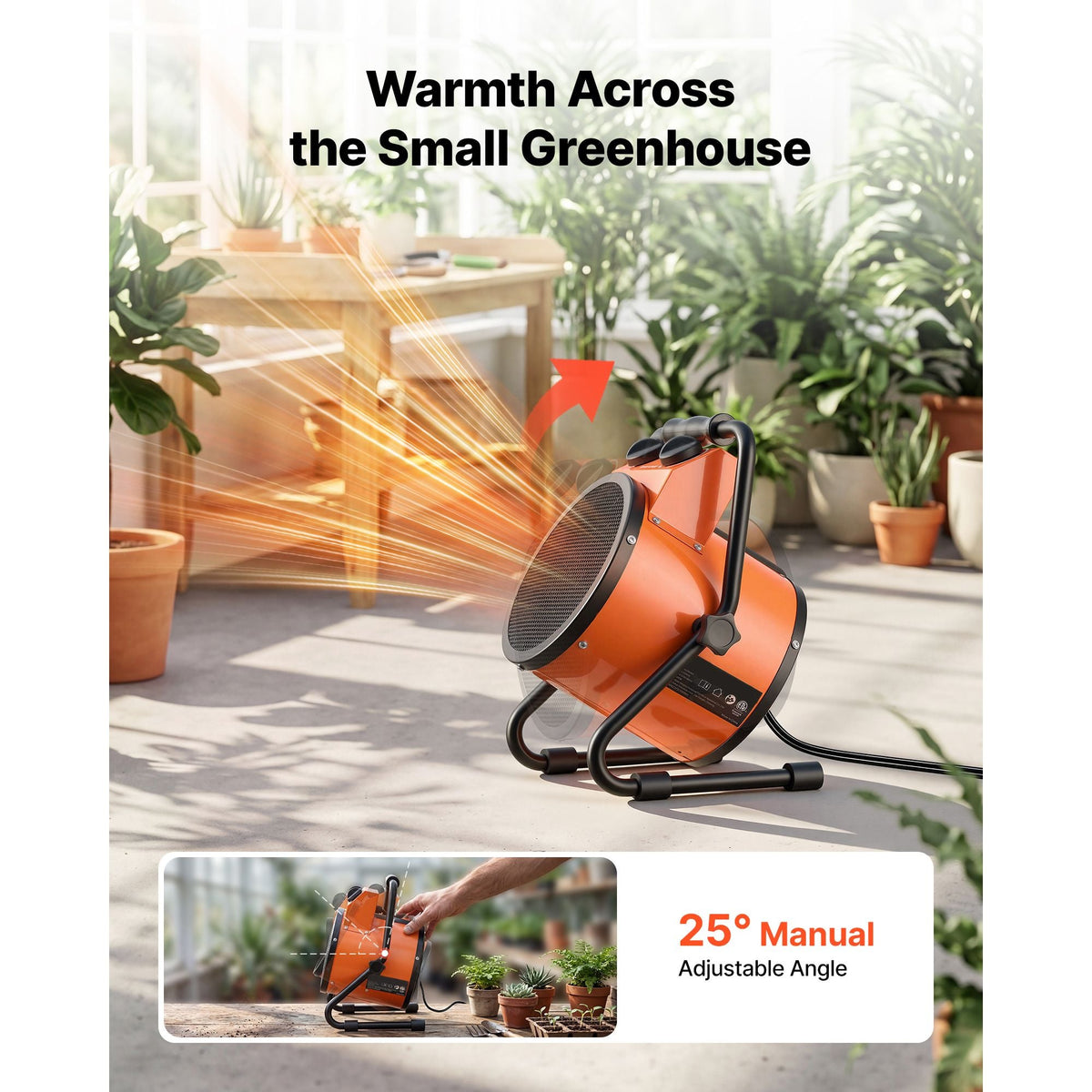 Greenhouse Heater, 1500W Electric Space Heater with Thermostat, Heating Tube Element, 25° Adjustable Angle, IPX4 & Overheat Protection, Great for Grow Tent, Greenhouse, Flower Room, Home Office