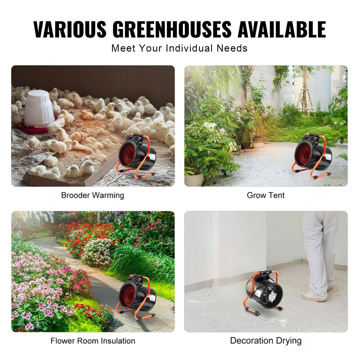 Greenhouse Heater, 1500W Fast Heating with Overheat Protection, 2-Speed Setting Small Grow Tent Heater, Electric Portable Heater Fan for Green House, Flower Room, Workplace, IP24 Waterproof