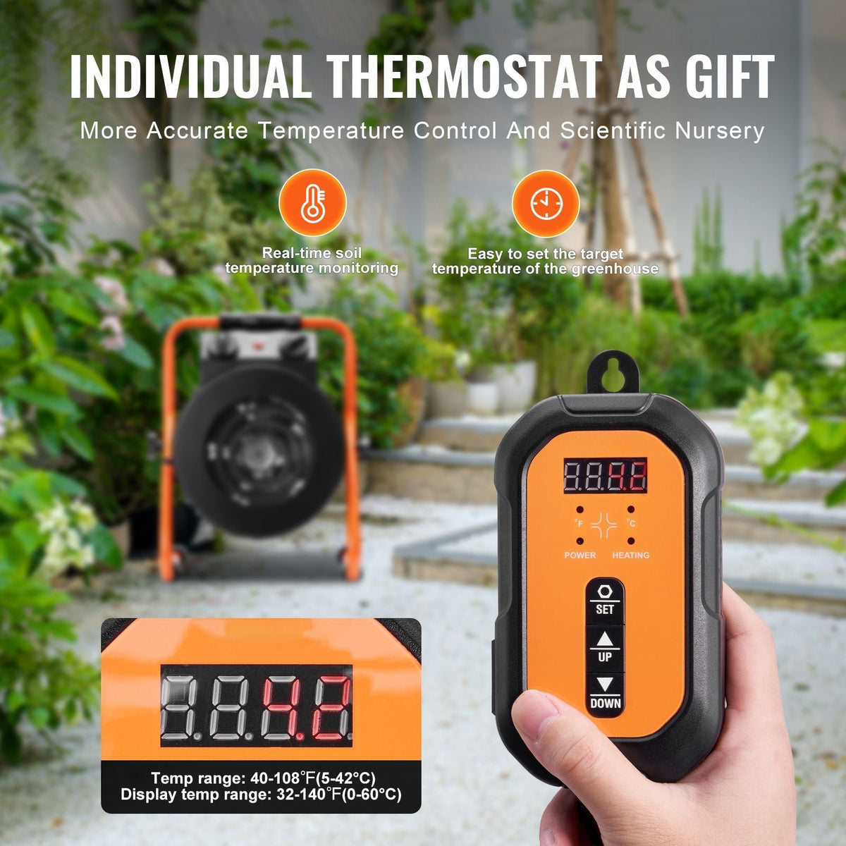 Greenhouse Heater with Thermostat, 1500W Fast Heating with Overheat Protection, 2-Speed Setting Small Grow Tent Heater, Electric Portable Heater Fan for Green House, Flower Room, Workplace