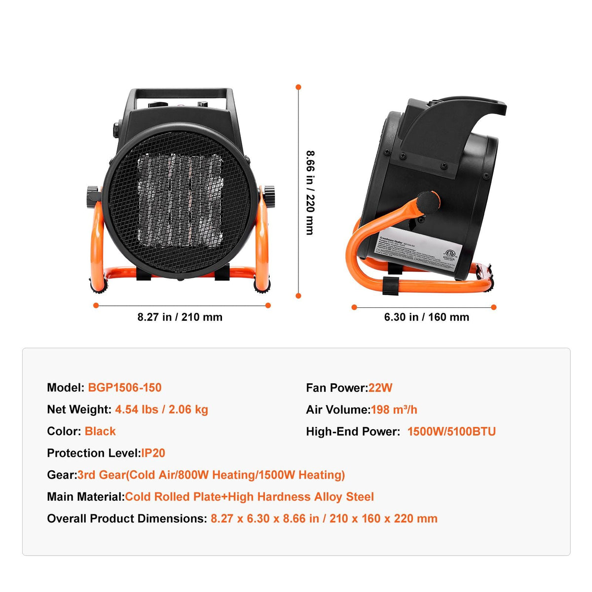 Greenhouse Heater with Thermostat, 1500W PTC Fast Heating with Overheat Protection, 3-Speed Setting Small Grow Tent Heater, Electric Portable Heater Fan for Green House, Flower Room, Workplace