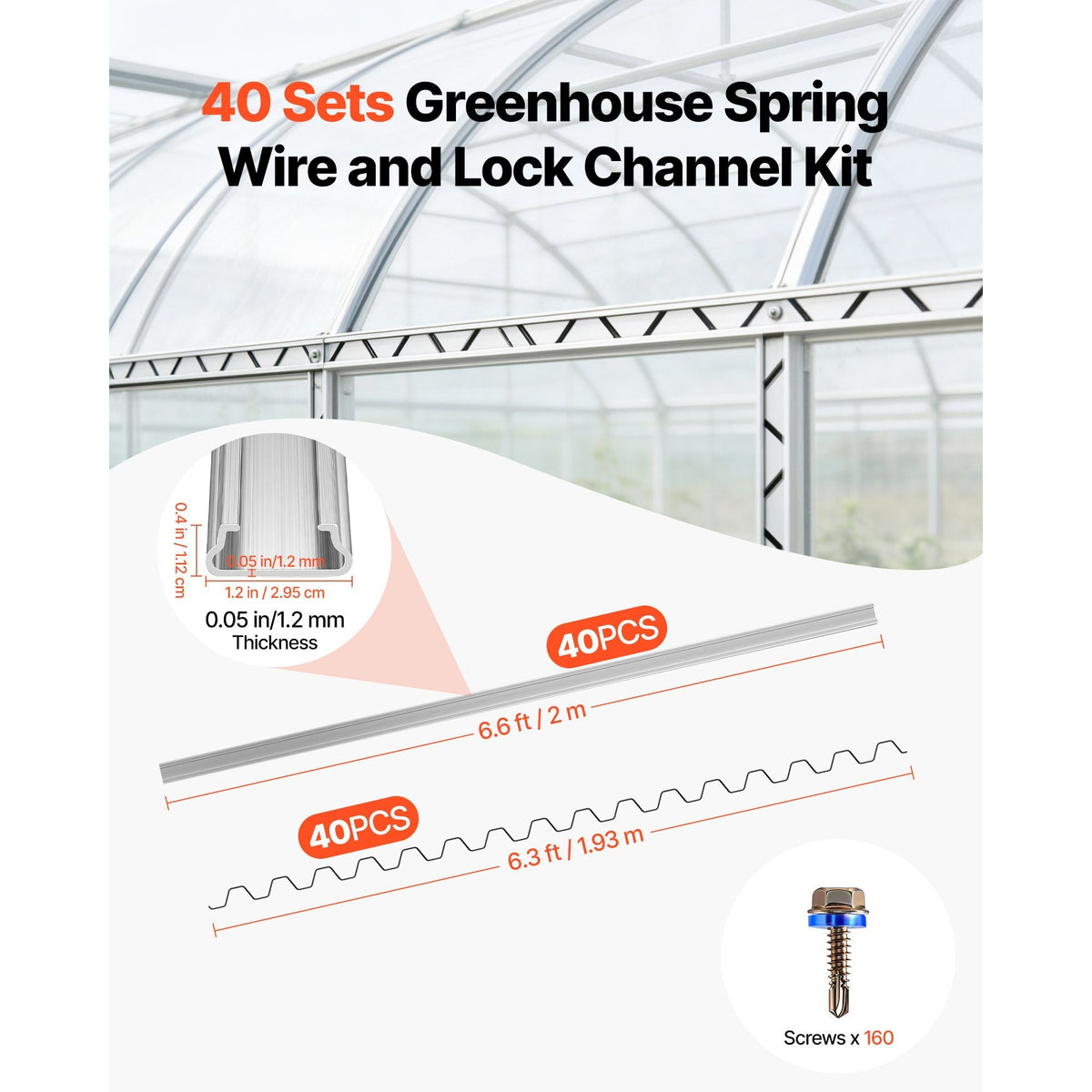 Greenhouse Spring Wire and Lock Channel, 40 Packs 6.56 ft PVC-Coated Wiggle Wire & Aluminum Alloy Channel Bundle Kit with Included Screws, 0.05 in Thickened, Poly Film & Shade Cloth Attachments