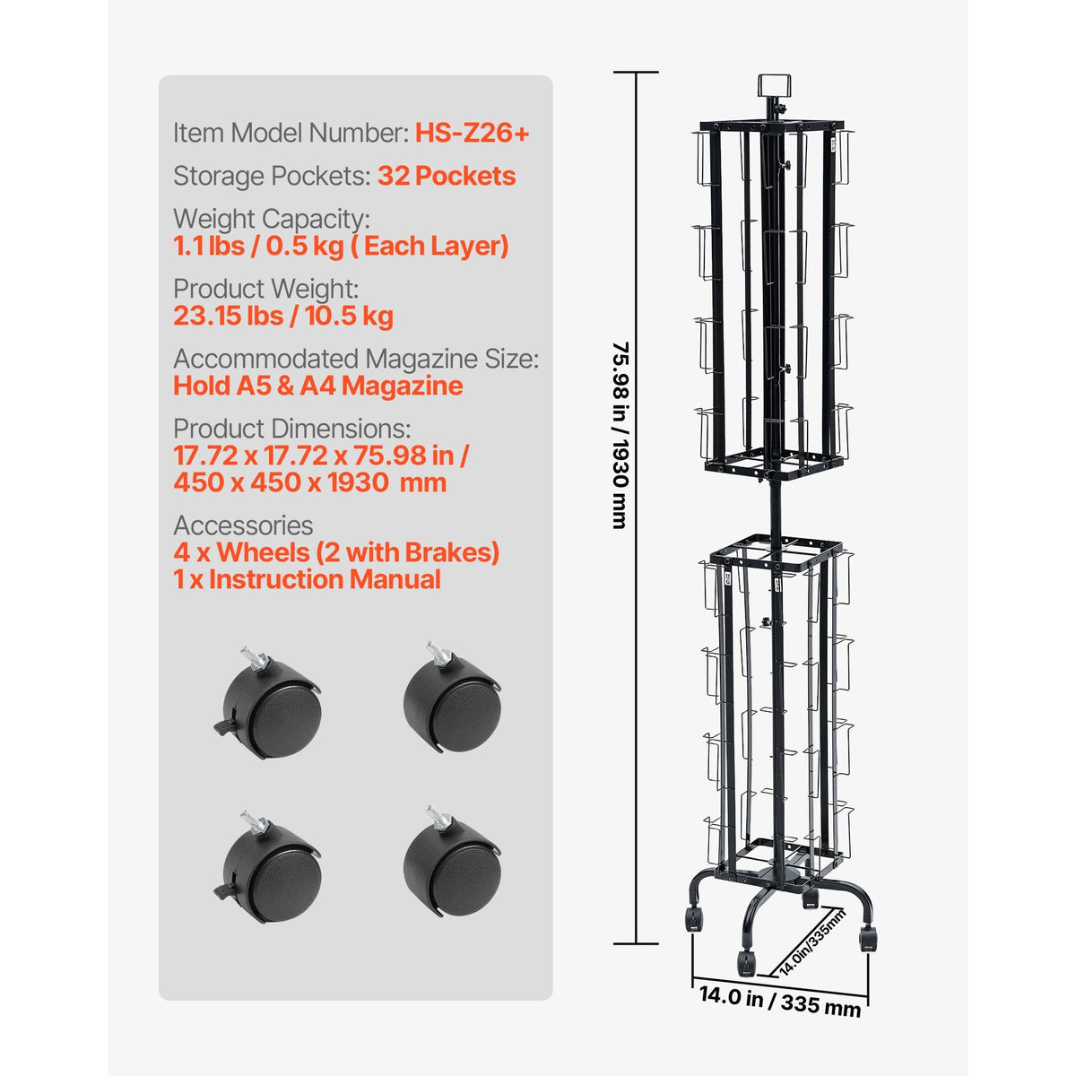 Greeting Cards Display Rack, 32 Pockets Rotating Postcard Brochure Display Stand, 360° Spinning Card Display Rack with Sign Holder & 4 Wheels (2 Lockable) for Exhibitions Office Trade Show