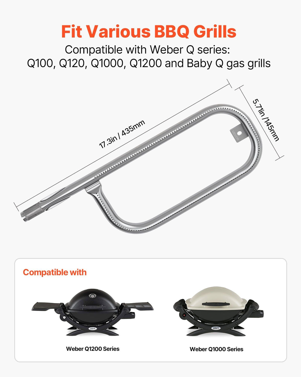 Grill Burner Tube for Weber Q100, Q120, Q1000, Q1200, Baby Q Gas Grills, 17 inch 304 Stainless Steel Tube Burner for Weber 516001, 516002, 50060001, Replacement Part 69957, 60040, 41657, 45657