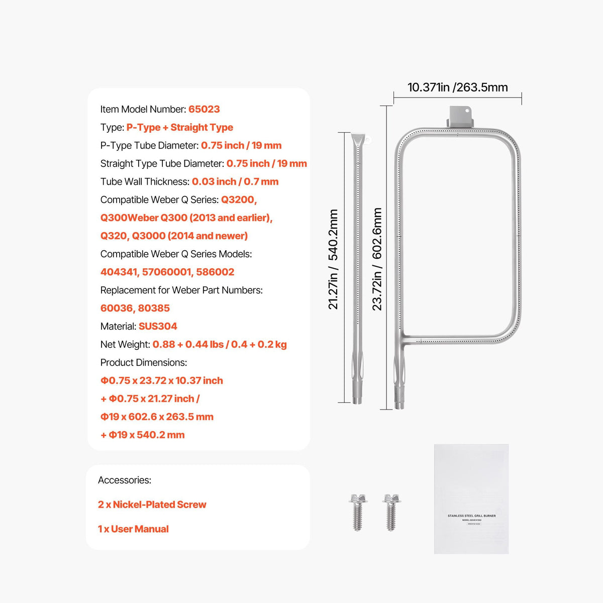 Grill Burner Tube for Weber Q3200, Q300 (2013 & earlier), Q320, Q3000 (2014 & newer), 23.75 inch 304 Stainless Steel Tube Burner for Weber 404341, 57060001, 586002, Replacement Part 60036, 80385
