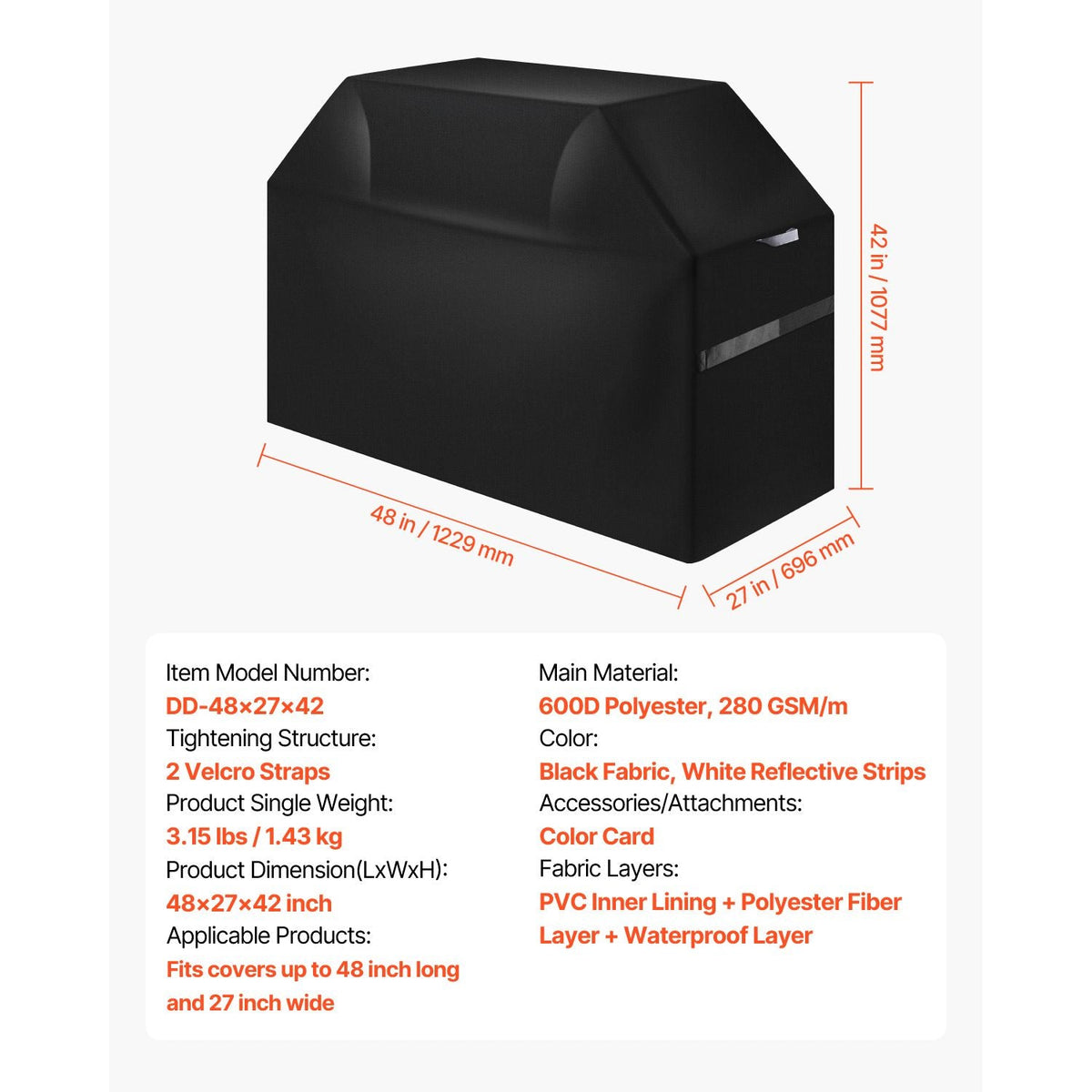 Grill Cover, 48 inch BBQ Covers for Outdoor Grills, Waterproof, Fade Resistant, Weather Resistant Heavy Duty 600D Polyester, Easy On/Off, with Hook-and-Loop Straps, Black