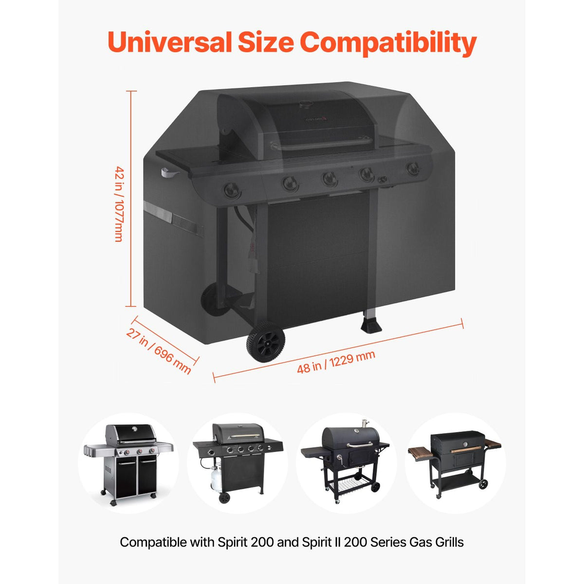 Grill Cover, 48 inch BBQ Covers for Outdoor Grills, Waterproof, Fade Resistant, Weather Resistant Heavy Duty 600D Polyester, Easy On/Off, with Hook-and-Loop Straps, Black